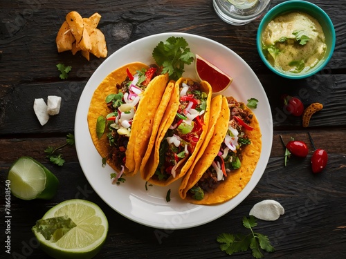 A plate of tacos with various ingredients including tortillas and salsa photo