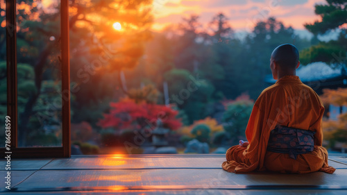 Buddhist Monk at Sunset © EwaStudio