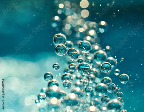 A close-up image of water bubbles in a pool illuminated by bright sunlight