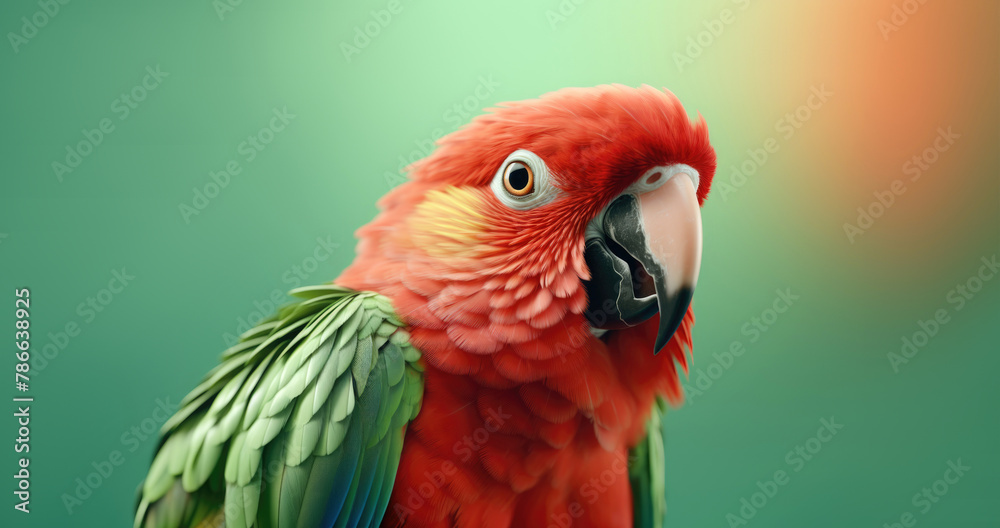 Fototapeta premium Bright parrot on a green background with copy space.