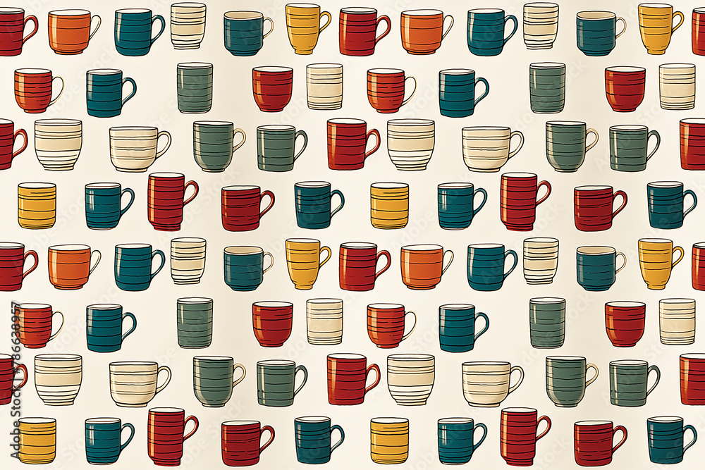 multicolored ceramic coffee cups on white, seamless background, wallpaper multicolored ceramic coffee cups on white, seamless background, wallpaper