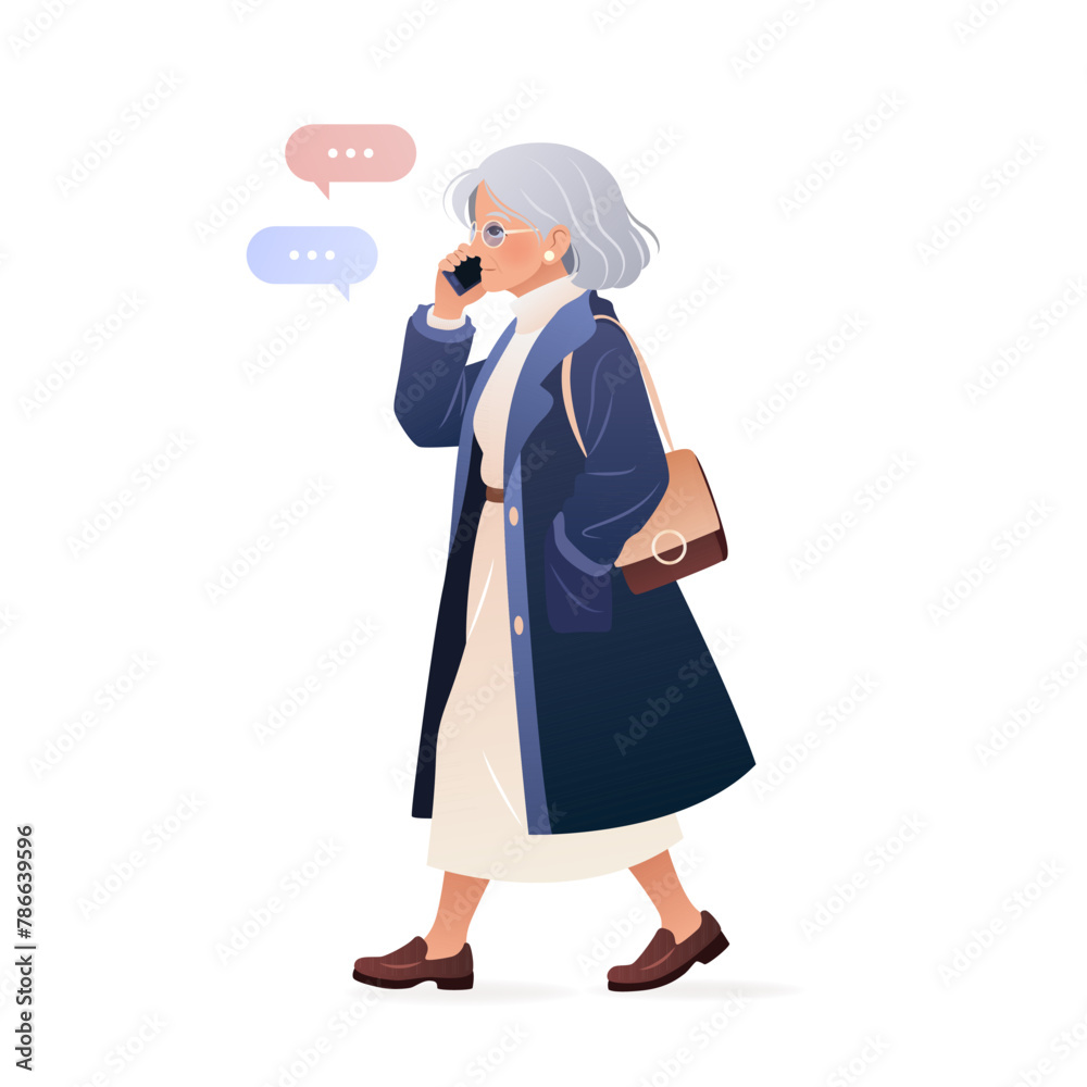 Elderly woman in casual clothing walking and using her smartphone. Character holding a mobile phone in her hands and talking on it. isolated vector illustration on white background. Elderly woman in casual clothing walking and using her smartphone. Character holding a mobile phone in her hands and talking on it. isolated vector illustration on white background.