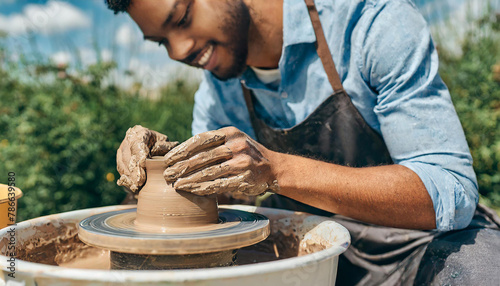 A male potter works with clay on a potter's wheel. photo