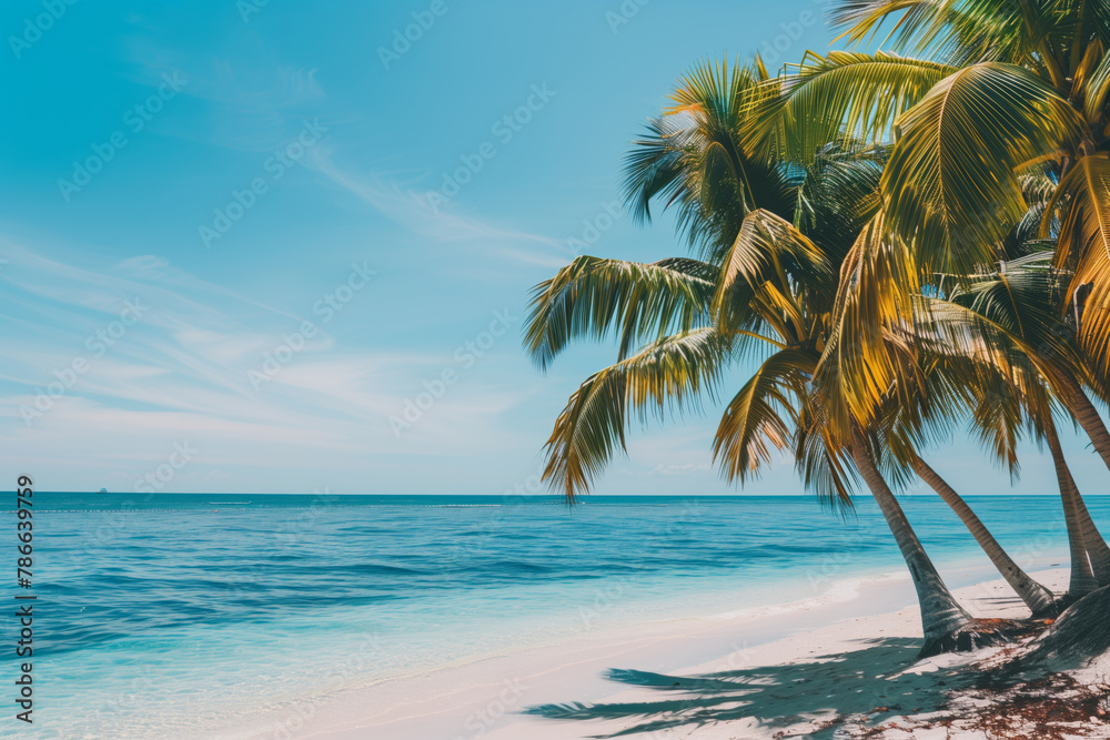 Beautiful tropical scenery with azure sea and sandy beach palm trees and clear sky, wild beach