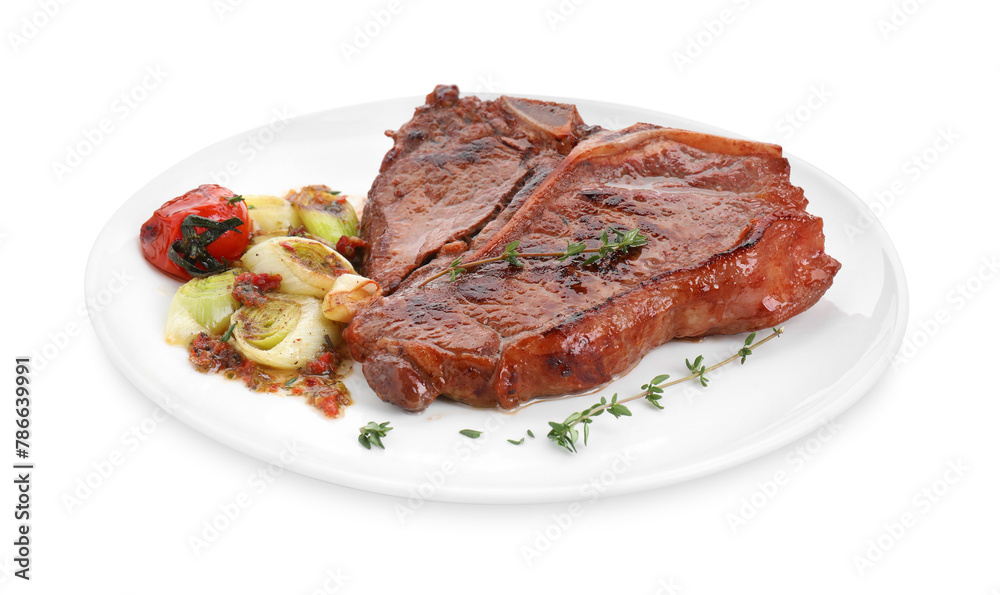 Delicious fried beef meat and vegetables isolated on white Delicious fried beef meat and vegetables isolated on white