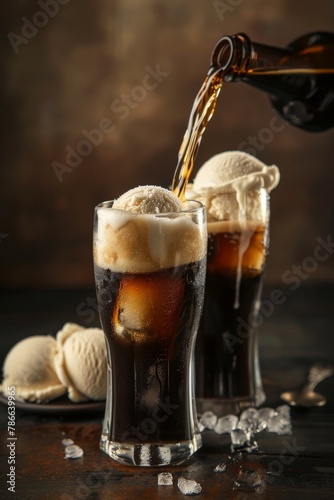 root beer Being Poured Into a glass with scoops of icecream on a table with copy space