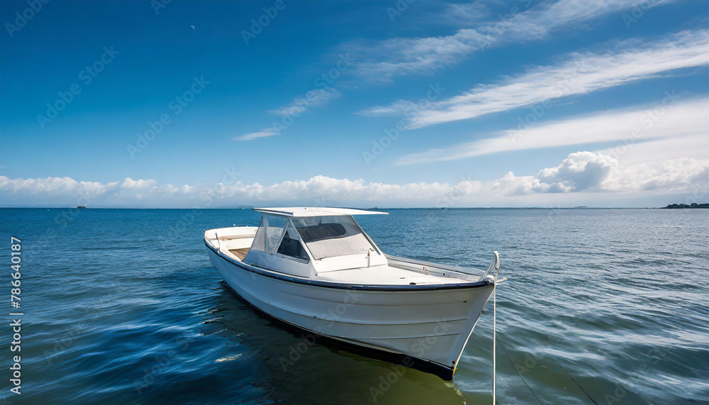 a small white boat floating on top of a large body of water with a blue sky in the back ground.