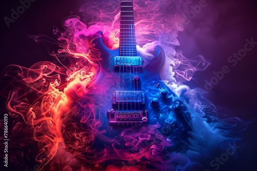 Colorful guitar in the form of smoke on a dark background, illustrated in the style of a fantasy style. The vector graphic is very detailed, of high quality and sharp focus. It is a highly colorful