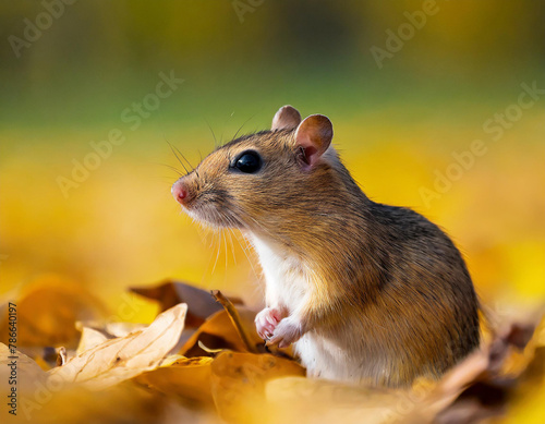 a small rodent sitting on top of a pile of leaves in the middle of a field of yellow leaves.