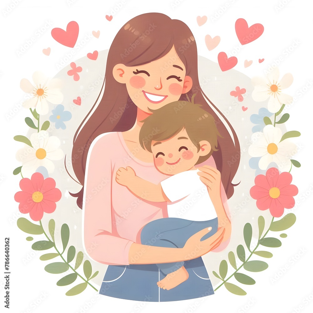 illustration of a mother hugging her baby, happy and smiling, Happy Mother's Day