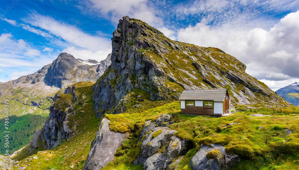 A tiny house perched atop a mountain, with moss covering the rocks below and lush grass crowning the peak A tiny house perched atop a mountain, with moss covering the rocks below and lush grass crowning the peak