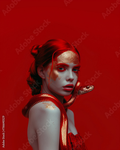 Close up Redhead Portrait with Snake snake wrapped around the face and neck: Golden red Makeup 
