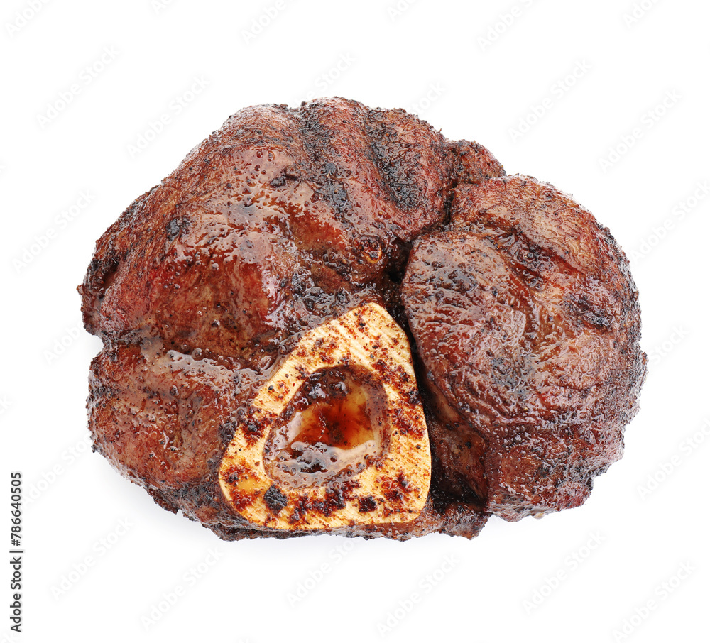 Piece of delicious roasted beef meat isolated on white, top view Piece of delicious roasted beef meat isolated on white, top view