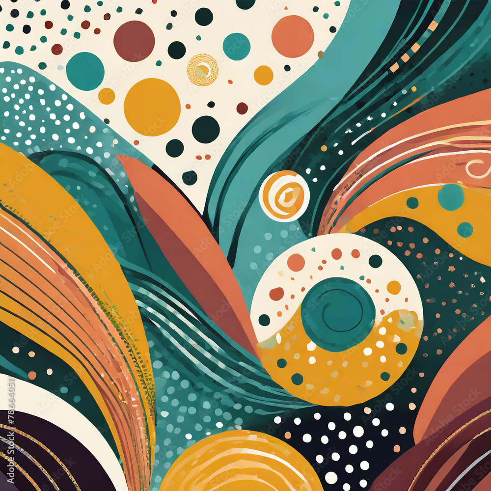 abstract pattern with bold, colorful shapes and playful motifs using flat colors elements like circles, dots, and swirls for modern web design backgrounds