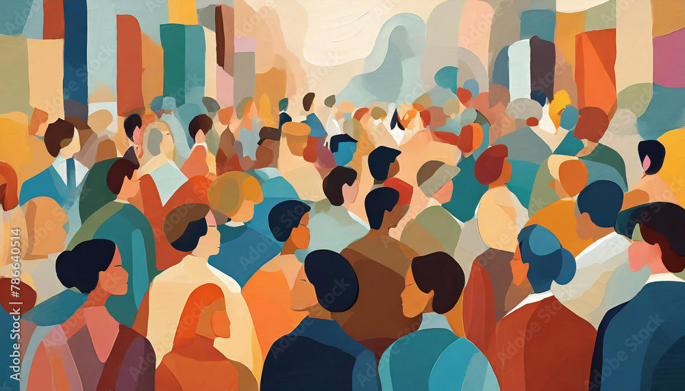 abstract painting of a crowd using simple shapes and colorful colors ...