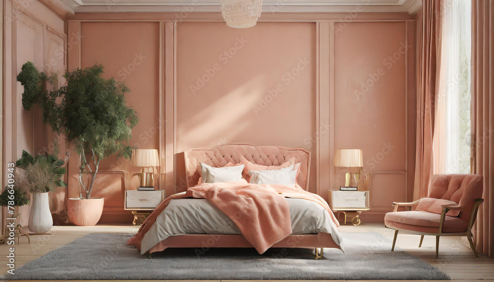 Image showcasing Bedroom in pastel tone peach fuzz color trend 2024 year panton ...