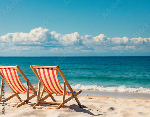 Beach deck chair on a sandy beach by the sea. Summer mood. Space to copy © Nicolas