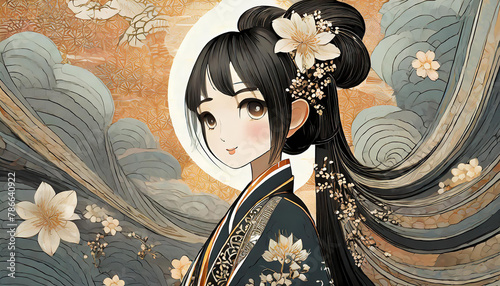 Beautiful Japanese traditional girl with long black hair, abstract art illustration