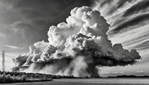 Black-and-white photo of billowing cloud formations appearing to emit smoke