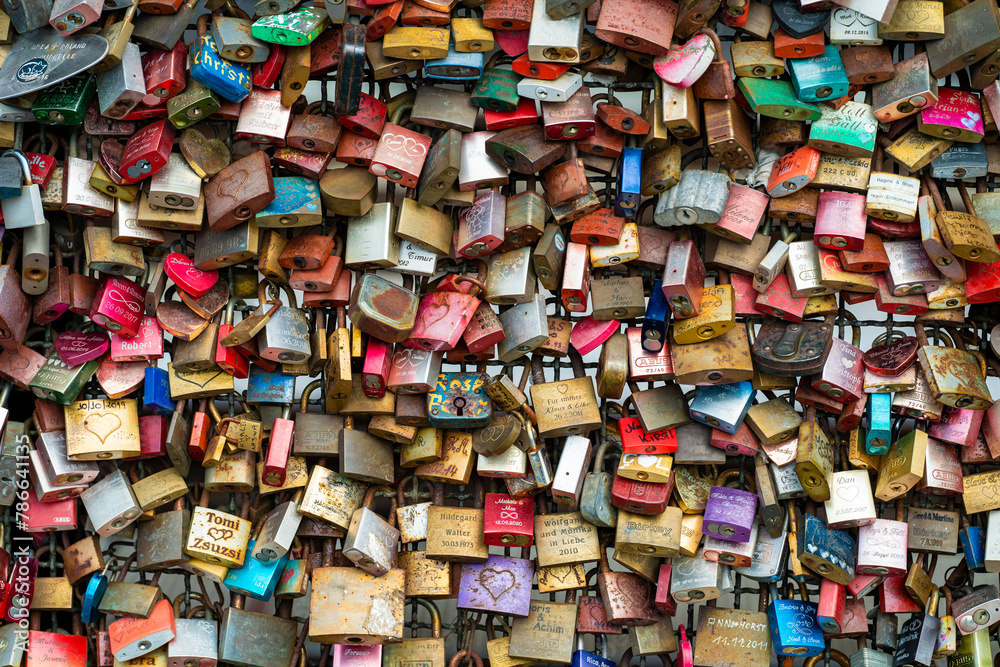 Cologne, Germany– April 17, 2021: Hohenzollern bridge in Cologne is a popular place to leave lovers locks as a symbol of eternal love.