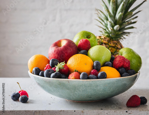 bowl filled with fruit sitting on top of a cement counter top with a white wall behind it and a white wall behind it.