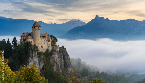castle on a cliff, surrounded by trees in fog, with mountains in the distance