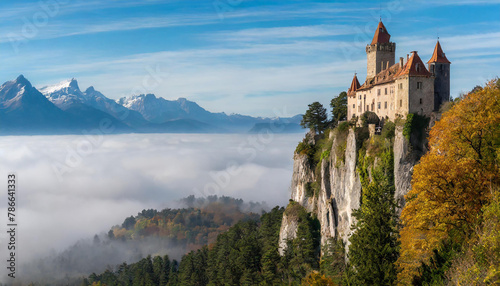 castle on a cliff  surrounded by trees in fog  with mountains in the distance