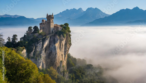 castle on a cliff  surrounded by trees in fog  with mountains in the distance