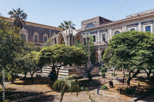 One of courtyard of University of Catania - Department of Human Sciences, former Benedictine monastery in Catania city on the island of Sicily, Italy