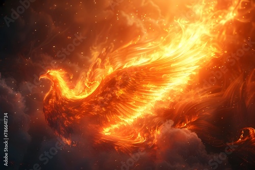 Fiery Mythical Phoenix Bird Engulfed in Celestial Flames and Cosmic Energies