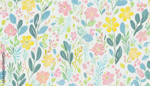 Colorful pastel cute tiny spring flowers and leaves pattern  white background  cute pastel colors