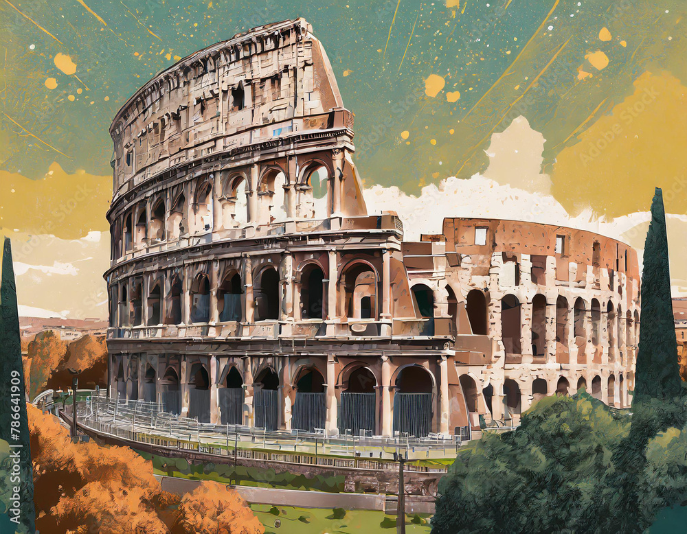 Contemporary style minimalist artwork collage illustration of Colosseum in Rome