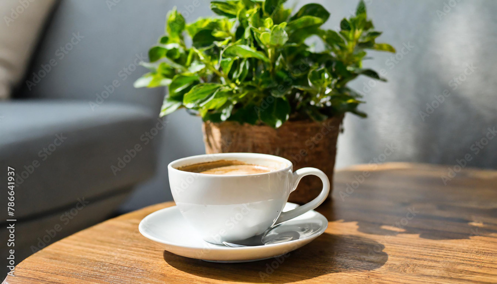 cup of coffee sitting on top of a wooden table next to a couch and a potted plant on top of a wooden table. cup of coffee sitting on top of a wooden table next to a couch and a potted plant on top of a wooden table.
