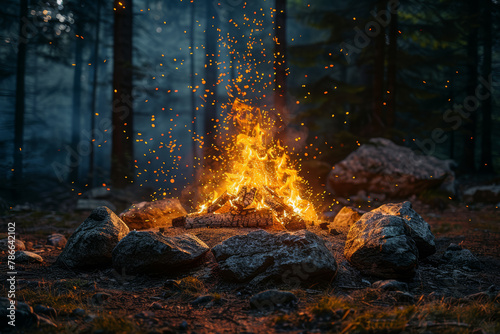 A crackling campfire sending sparks spiraling into the night sky, painting trails of light against the backdrop of darkness. Concept of outdoor adventure and camaraderie. Generative Ai.
