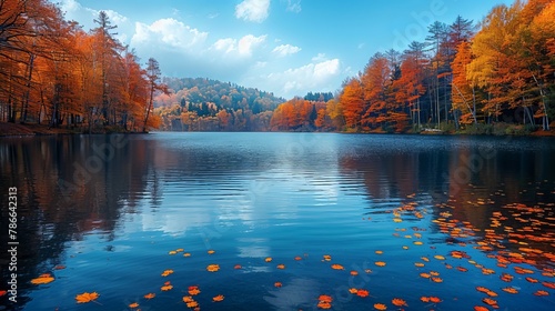 Serene autumn lake surrounded by vibrant fall foliage under a clear blue sky