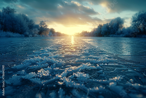 The crackling of ice as it forms on the surface of a frozen lake, creating intricate patterns of frost. Concept of winter's chill and crystalline beauty. Generative Ai.
