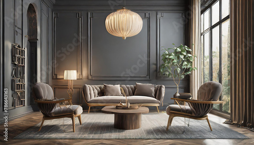 Luxury living room in dark color. Gray walls, warm ligh and lounge furniture - taupe chairs. Empty space for art or picture. Rich interior design. Mockup of a lounge room or hall reception. 3d photo