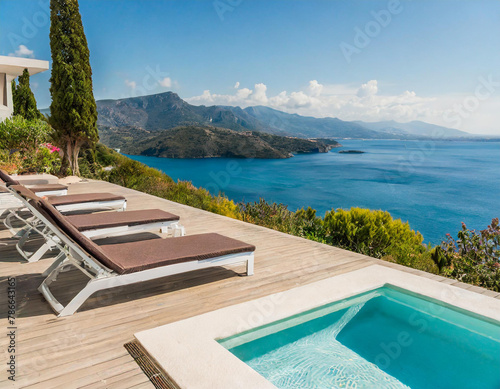 Luxury modern vacation home with a swimming pool. Sunbeds  relaxing vacation Mediterranean