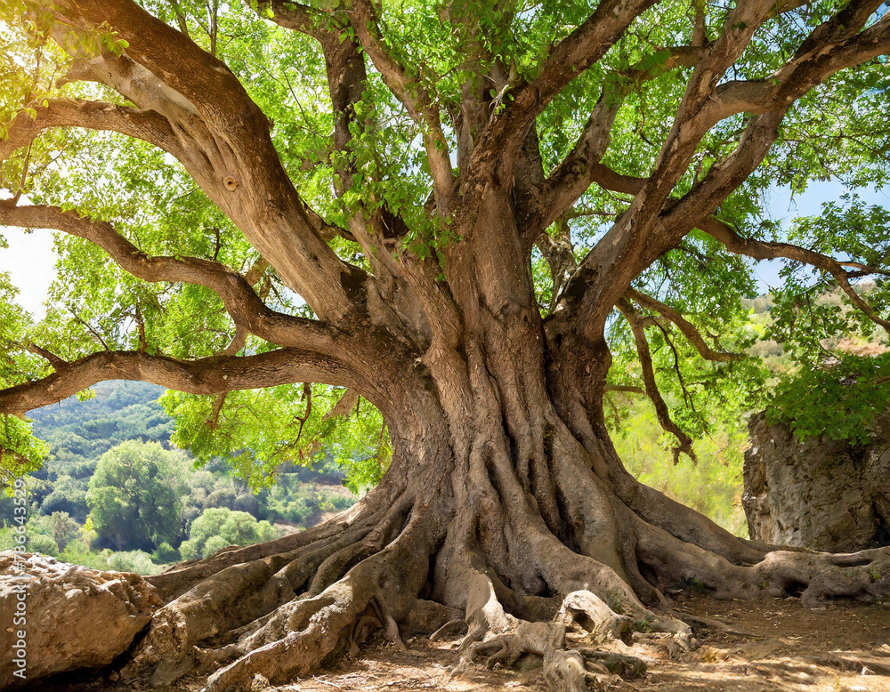 panoramic photo of an ancient tree with thick roots and a wide crown, lush green leaves in a forest landscape with natural light panoramic photo of an ancient tree with thick roots and a wide crown, lush green leaves in a forest landscape with natural light