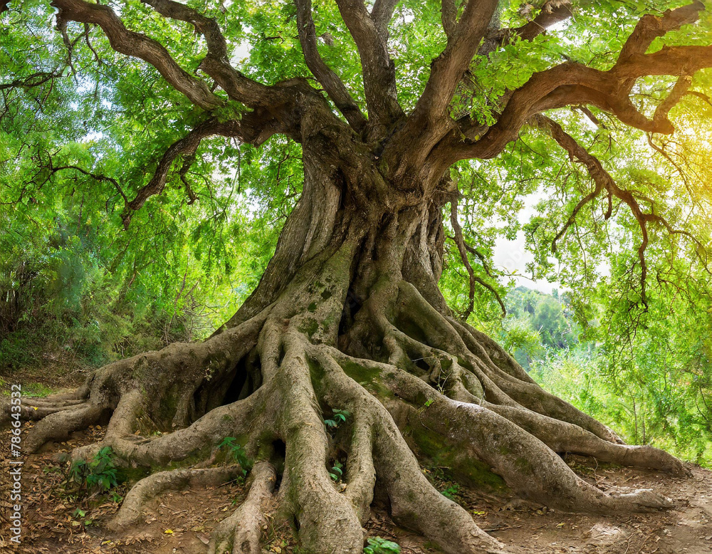 panoramic photo of an ancient tree with thick roots and a wide crown, lush green leaves in a forest landscape with natural light
