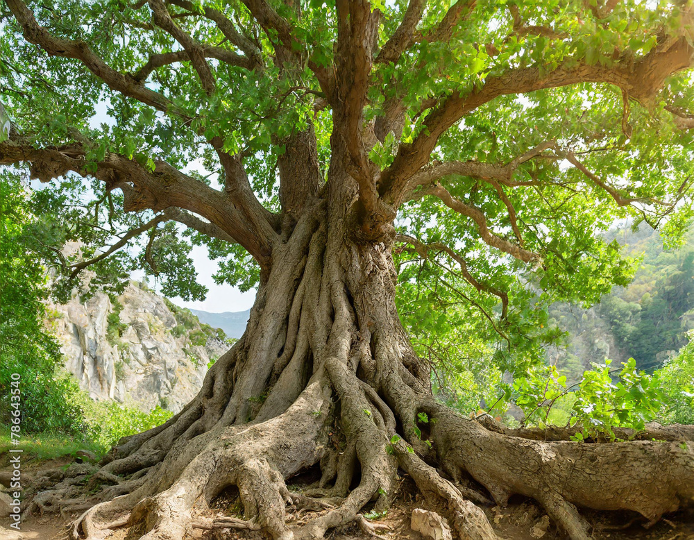 panoramic photo of an ancient tree with thick roots and a wide crown, lush green leaves in a forest landscape with natural light panoramic photo of an ancient tree with thick roots and a wide crown, lush green leaves in a forest landscape with natural light