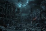 Dark fantasy cityscape of an apocalyptic world, ruins and rubble under the dark sky, eerie lights on destroyed buildings, desolate streets with broken objects scattered around