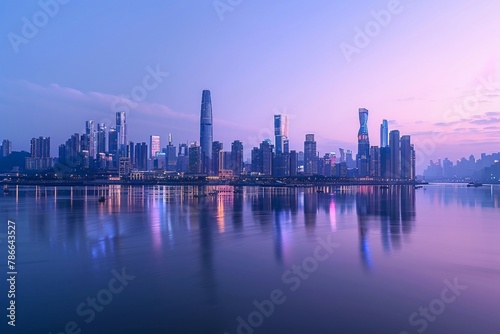 a city skyline with a body of water in the foreground