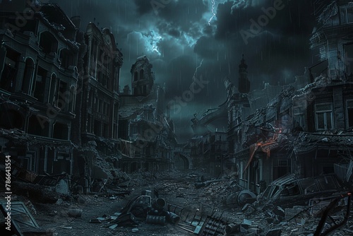 Dark fantasy cityscape of an apocalyptic world, ruins and rubble under the dark sky, eerie lights on destroyed buildings, desolate streets with broken objects scattered around