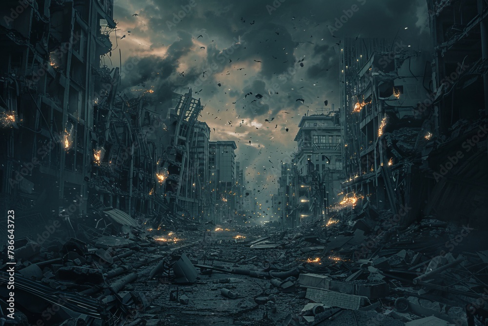 Dark fantasy cityscape of an apocalyptic world, ruins and rubble under the dark sky, eerie lights on destroyed buildings, desolate streets with broken objects scattered around