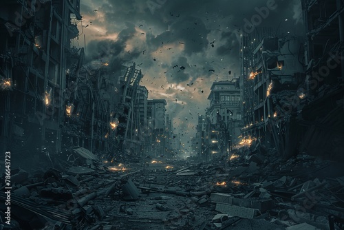 Dark fantasy cityscape of an apocalyptic world, ruins and rubble under the dark sky, eerie lights on destroyed buildings, desolate streets with broken objects scattered around photo