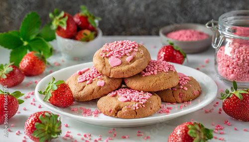 plate of pink chocolate chip cookies with pink sprinkles on a white plate with strawberries in the background.