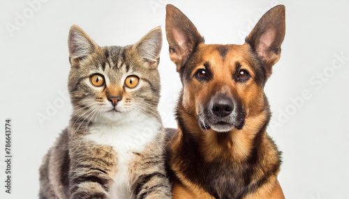 Portrait of Happy dog and cat that looking at the camera together isolated on white background  friendship between dog and cat  amazing friendliness of the pets