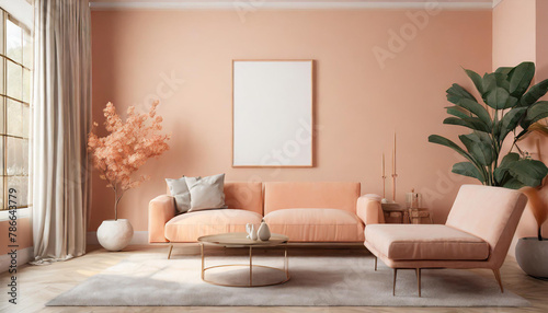 premium livingroom. Painted mockup wall for art - peach pastel apricot warm colour. Modern room design interior