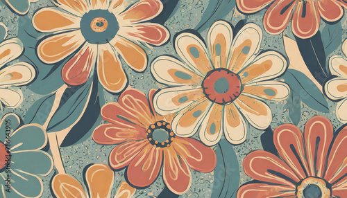 Retro vibes bloom in this HD-captured vintage 70s style floral artwork  embodying a groovy and colorful pastel nostalgia. Seamless vector background.